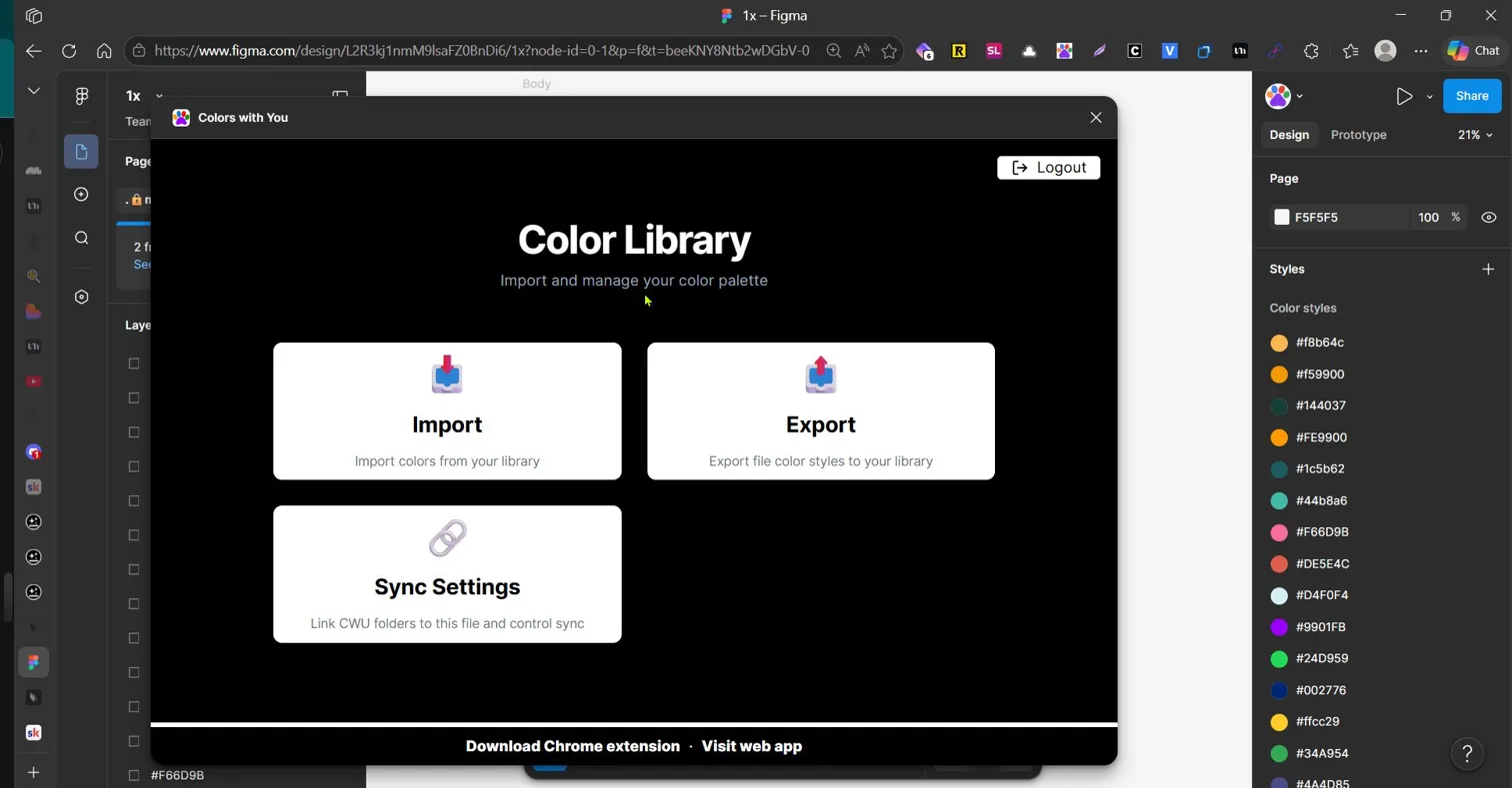 Figma plugin home with import, export, and sync options